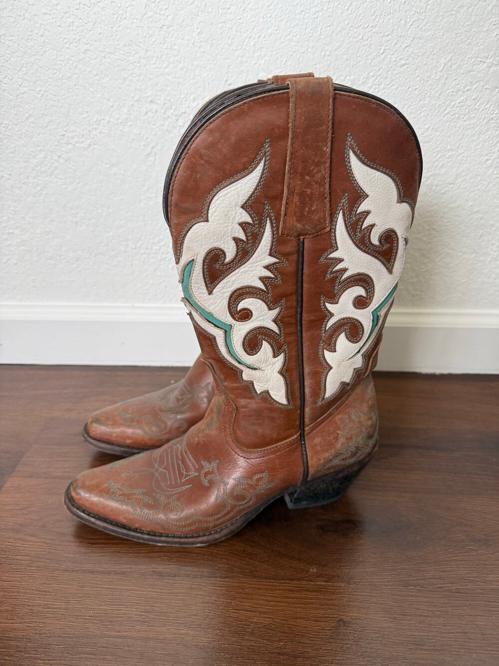 Marisse Stampede Leather Cowboy Boots Brown Teal Sz 8.5 Western Festival